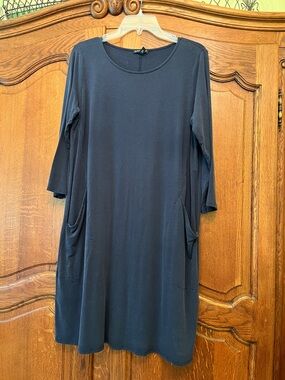 Eileen Fisher Navy 3/4 Sleeve Scoop Pocket Dress